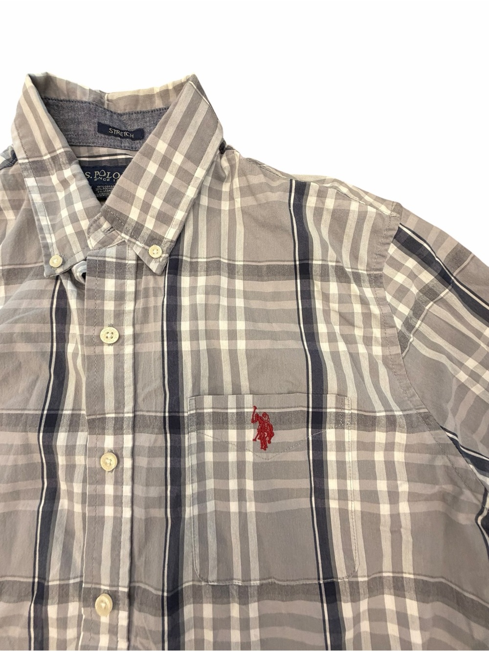 U.S. Polo Assn. Long Sleeve STRETCH Button Front Shirt Plaid Gray/Navy Medium